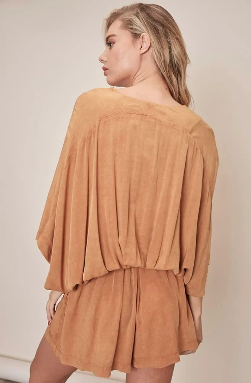 Dana Mustard Tie-Dye Dolman Sleeve Surplice Romper