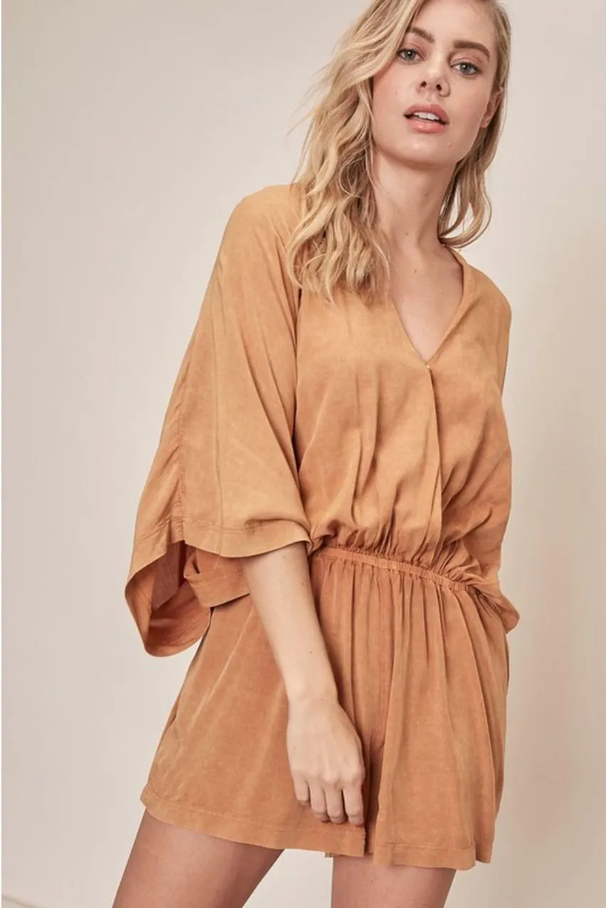 Dana Mustard Tie-Dye Dolman Sleeve Surplice Romper