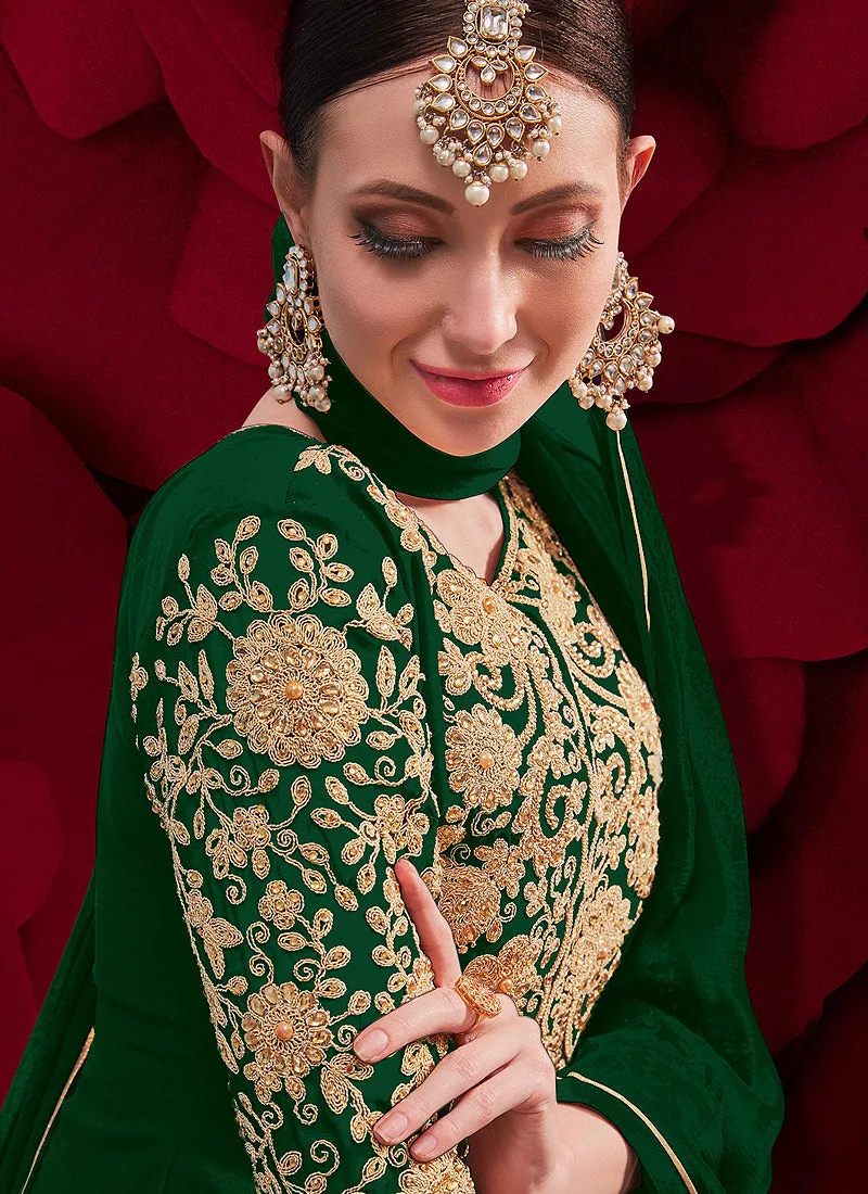 Dark Green Golden Embroidered Slit Style Anarkali Pant Suit