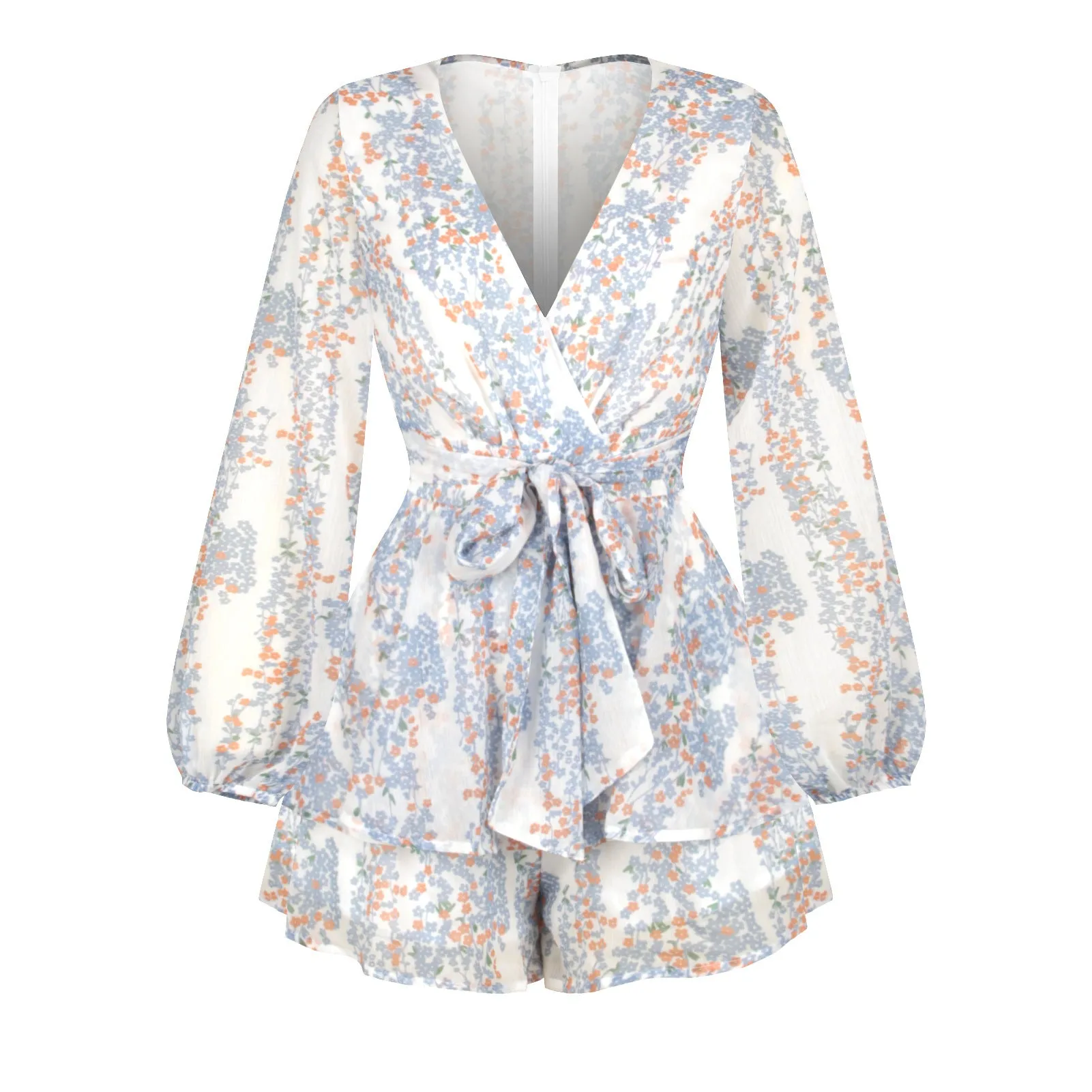 Digital printing summer breathable long sleeve V-neck gentle wind one-piece shorts women's clothing
