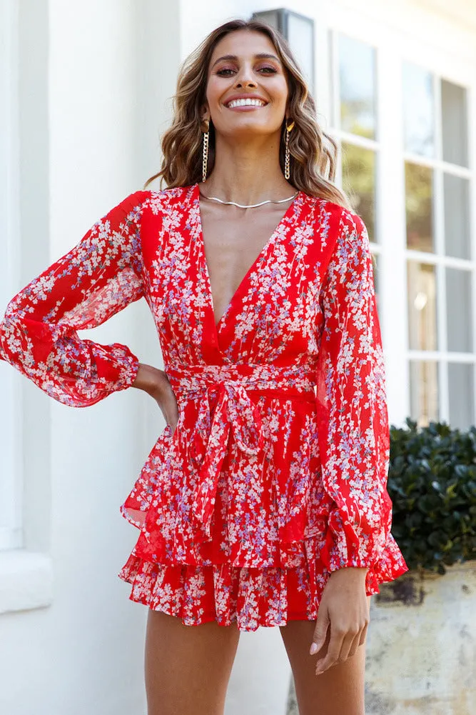 Digital printing summer breathable long sleeve V-neck gentle wind one-piece shorts women's clothing