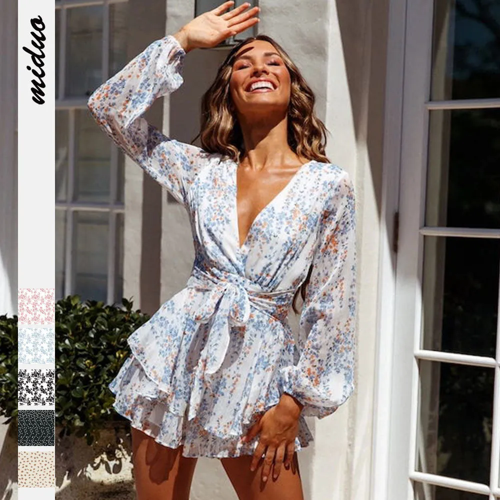 Digital printing summer breathable long sleeve V-neck gentle wind one-piece shorts women's clothing