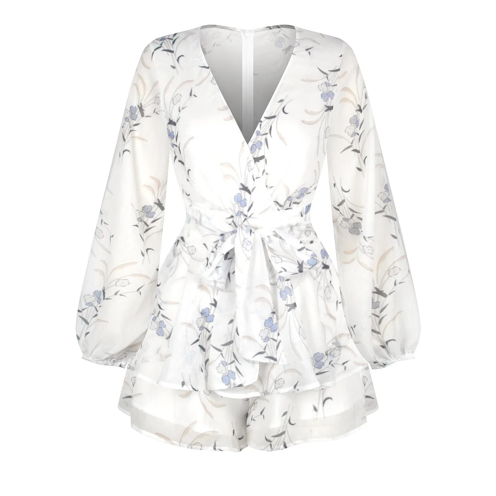 Digital printing summer breathable long sleeve V-neck gentle wind one-piece shorts women's clothing