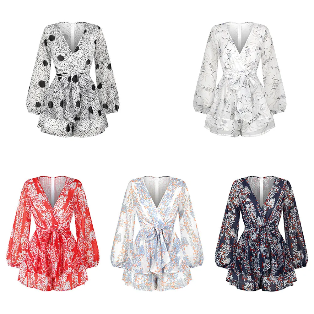 Digital printing summer breathable long sleeve V-neck gentle wind one-piece shorts women's clothing