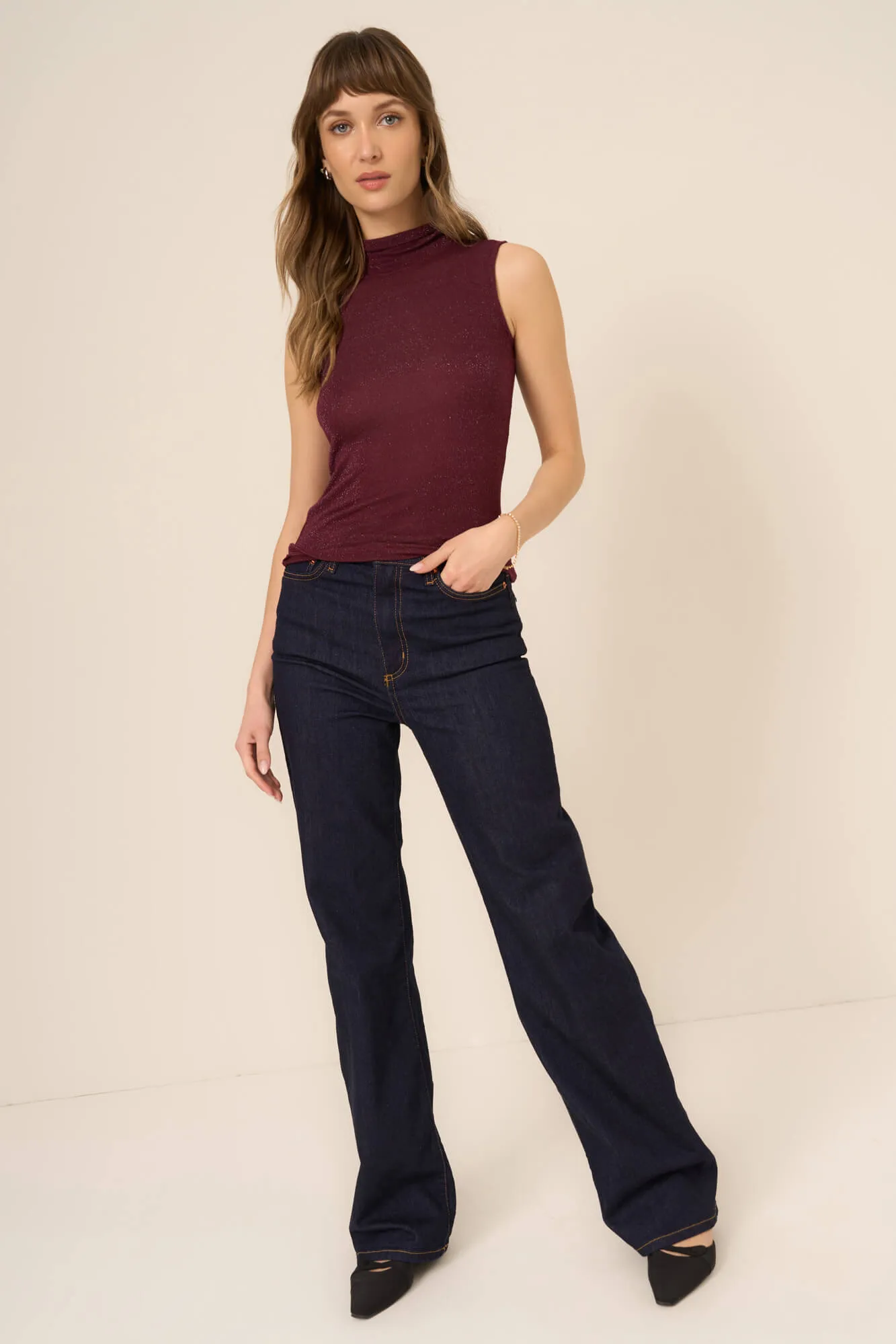Domino Lurex Mock Neck Tank - Merry Merlot