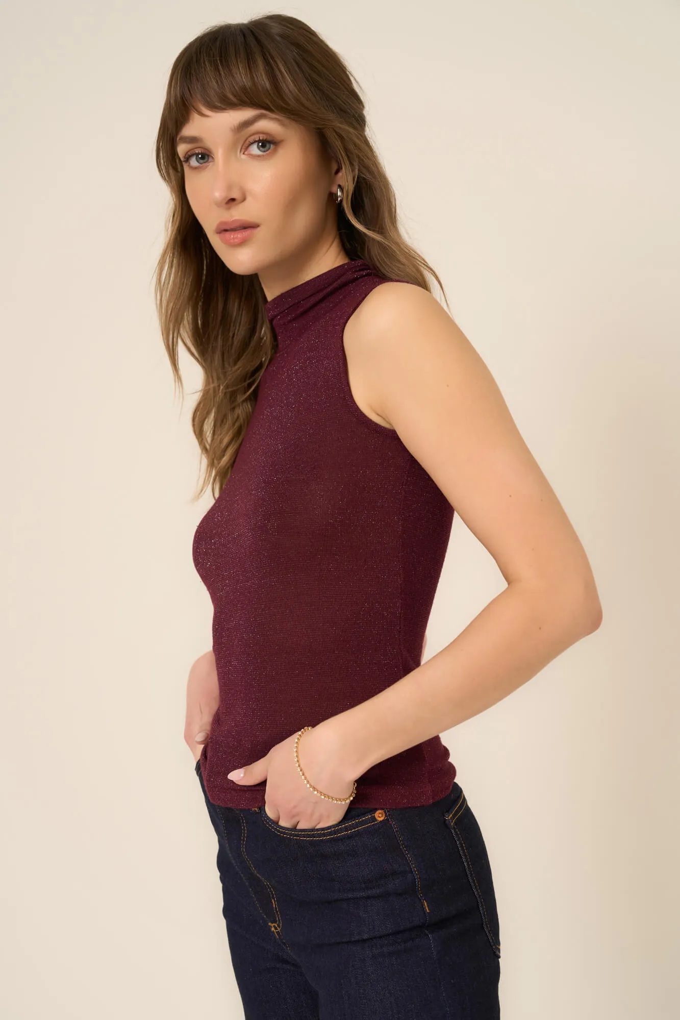 Domino Lurex Mock Neck Tank - Merry Merlot