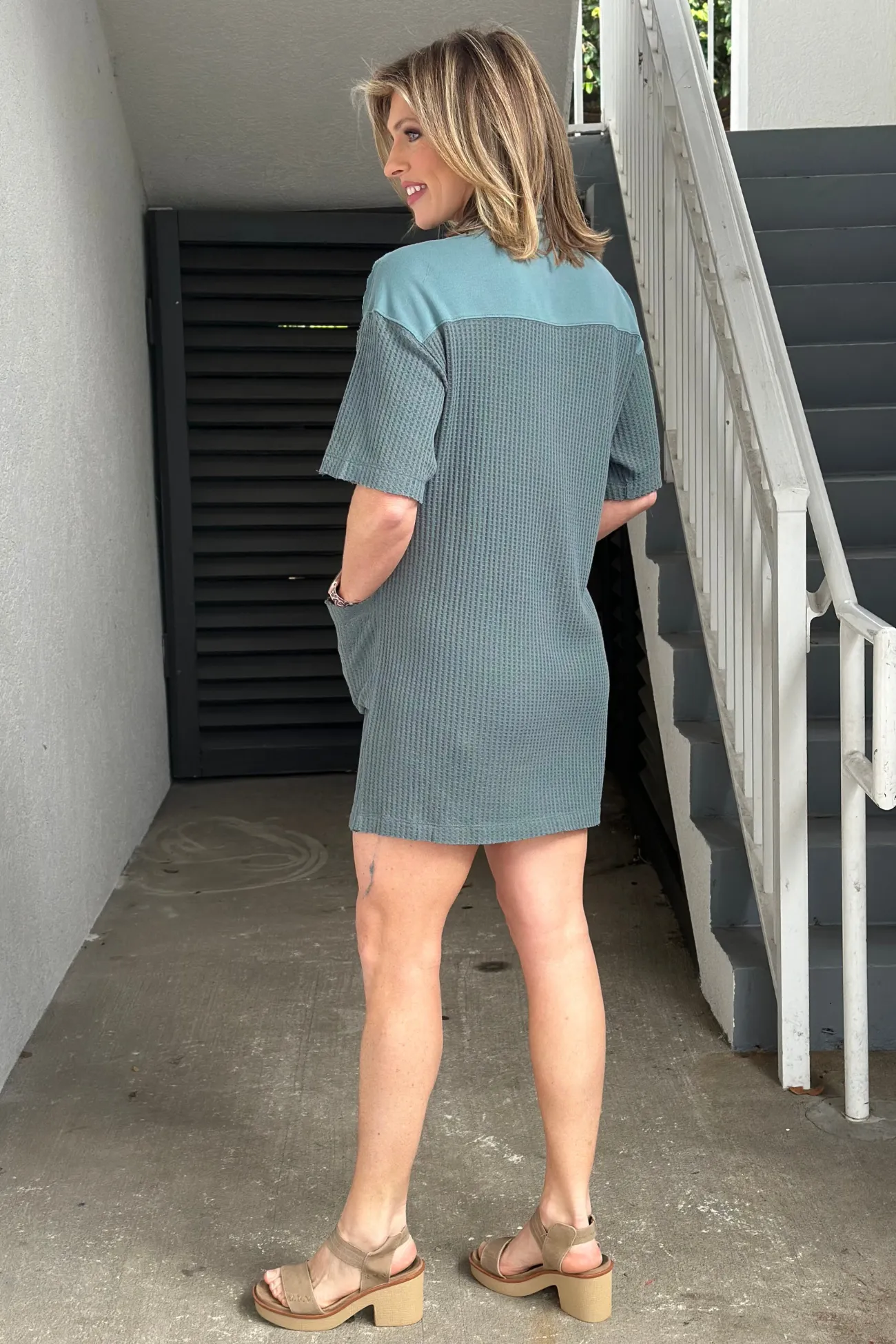 Don't Stop Me Waffle Knit Pocket Dress-Jade