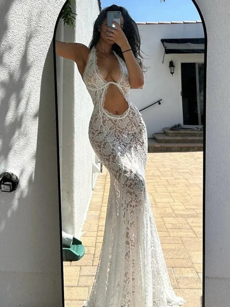 Elegant White Lace Halter Backless Mermaid Maxi Dress High End Evening Party Dresses Woman Sexy Long Gown C83-EC40