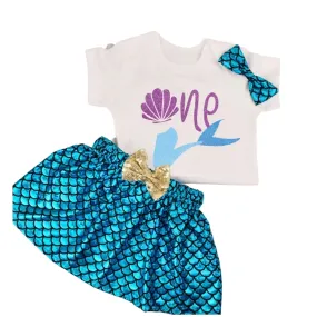 First Birthday One Romper - Mermaid Theme , Blue