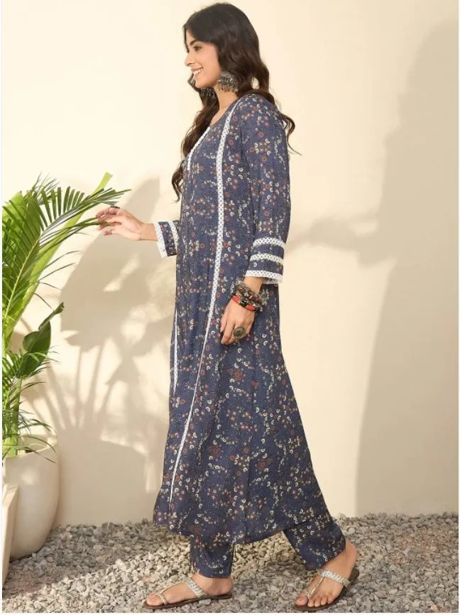 Floral Printed Round Neck Straight Kurta With Trousers
