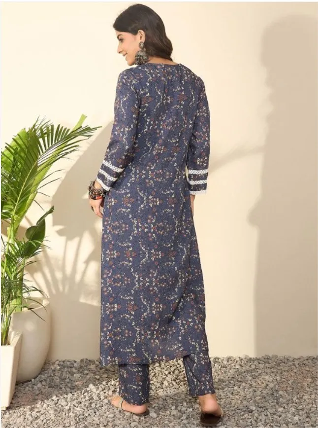Floral Printed Round Neck Straight Kurta With Trousers