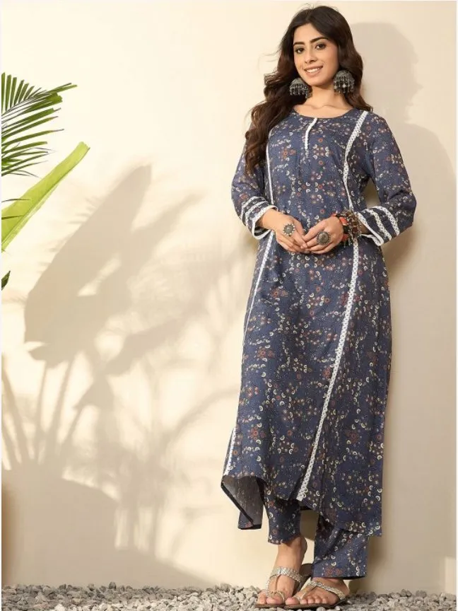 Floral Printed Round Neck Straight Kurta With Trousers