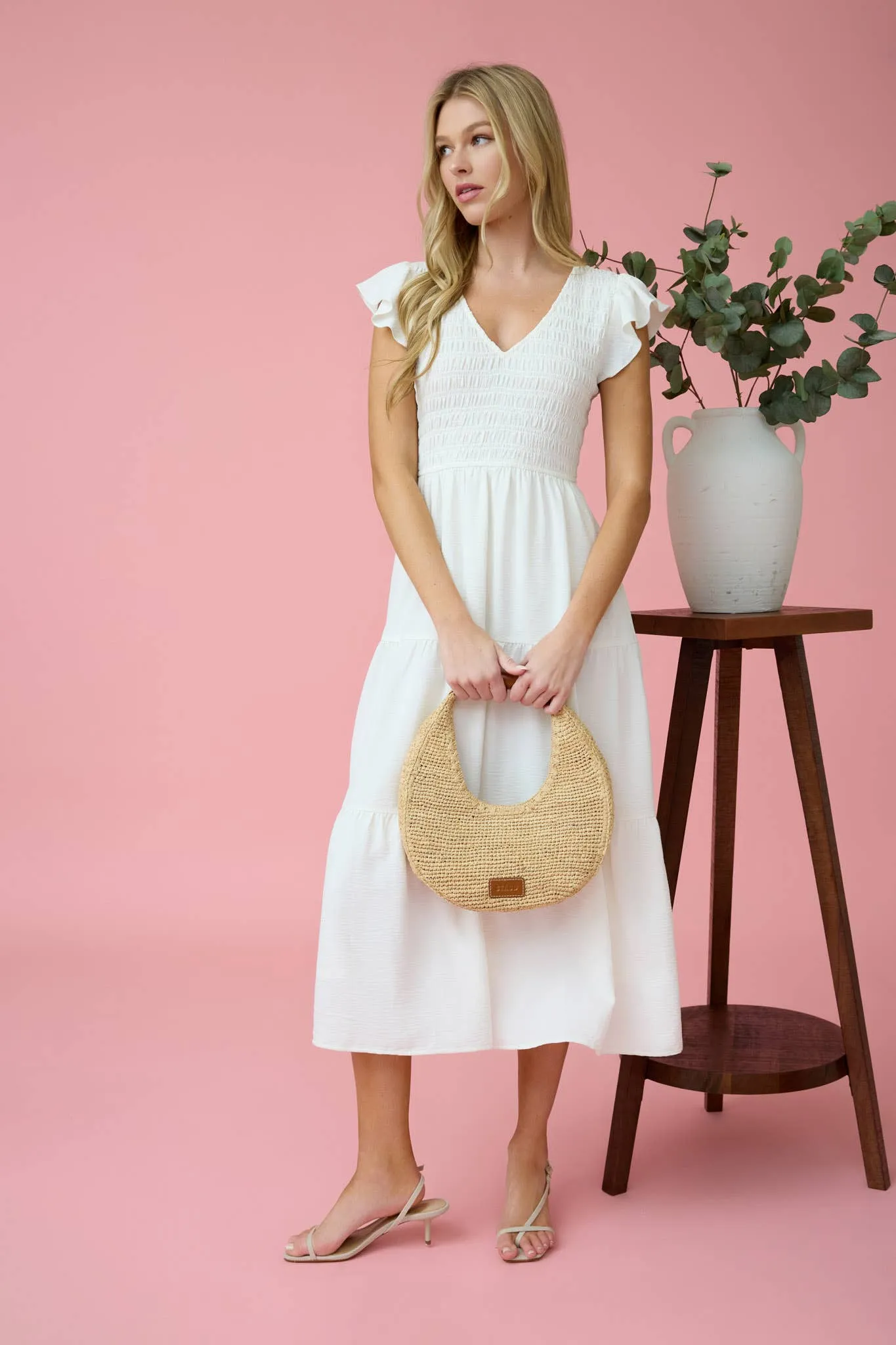 FLUTTER SLEEVE MIDI DRESS
