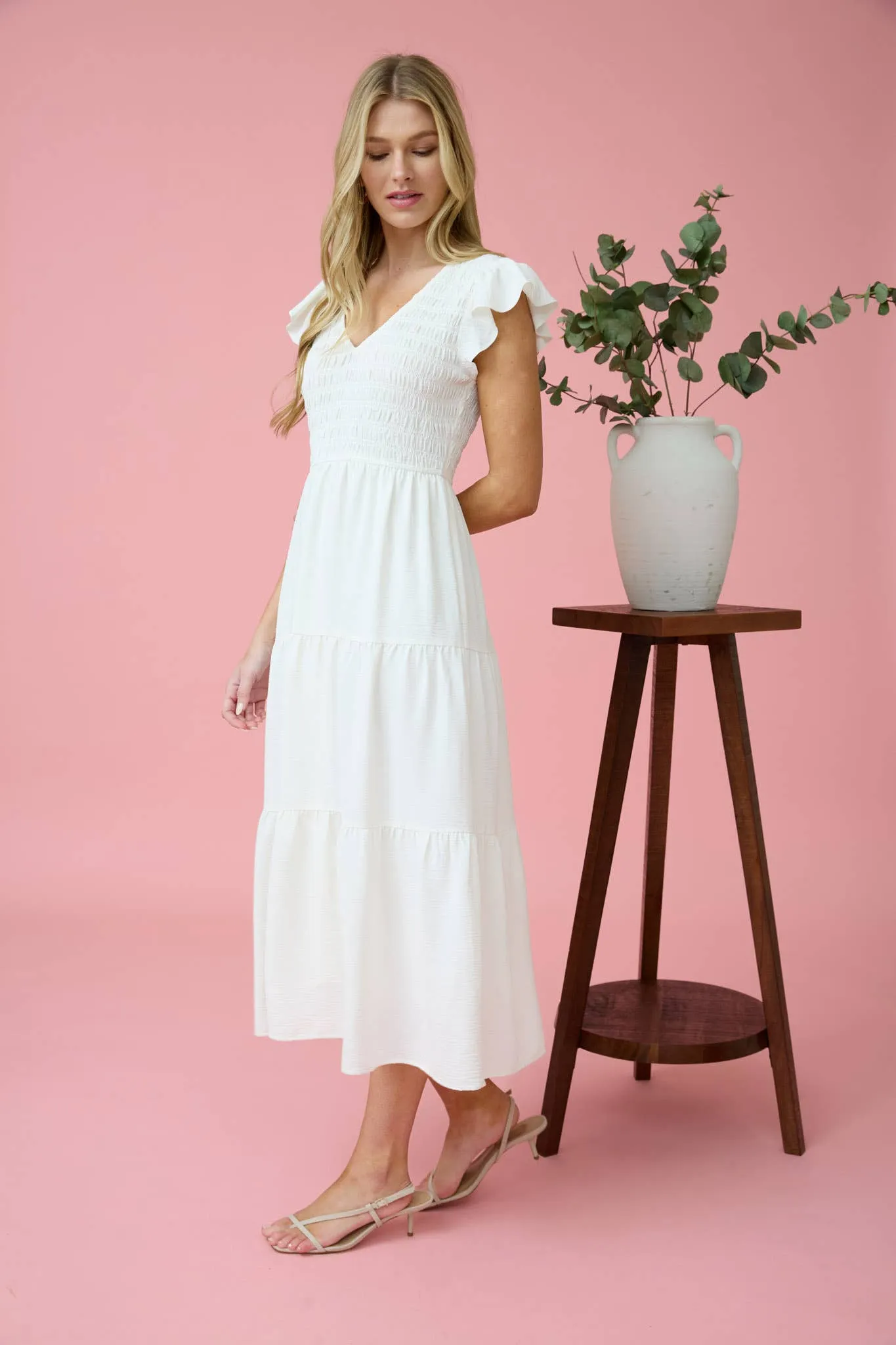 FLUTTER SLEEVE MIDI DRESS