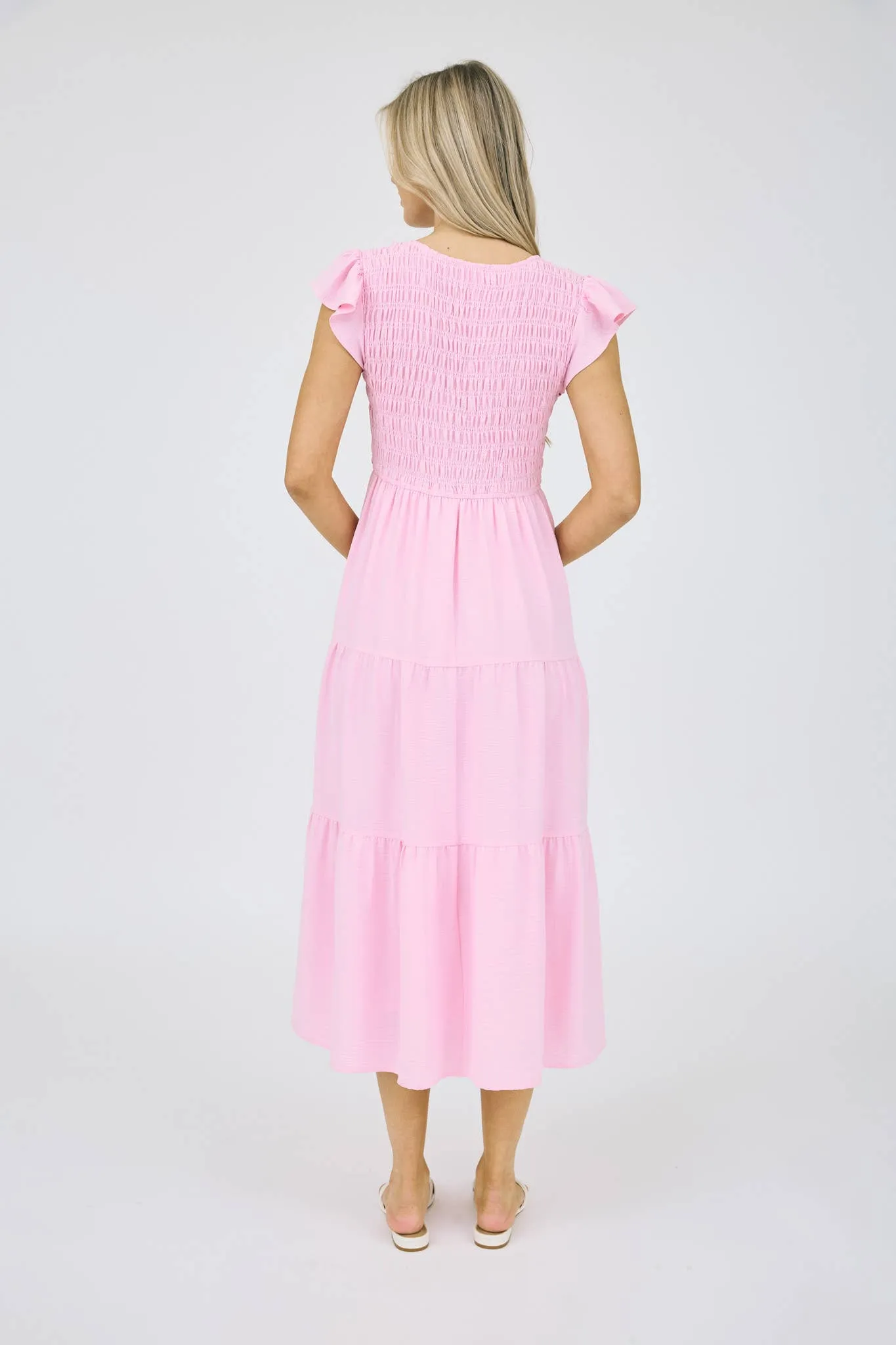 FLUTTER SLEEVE MIDI DRESS