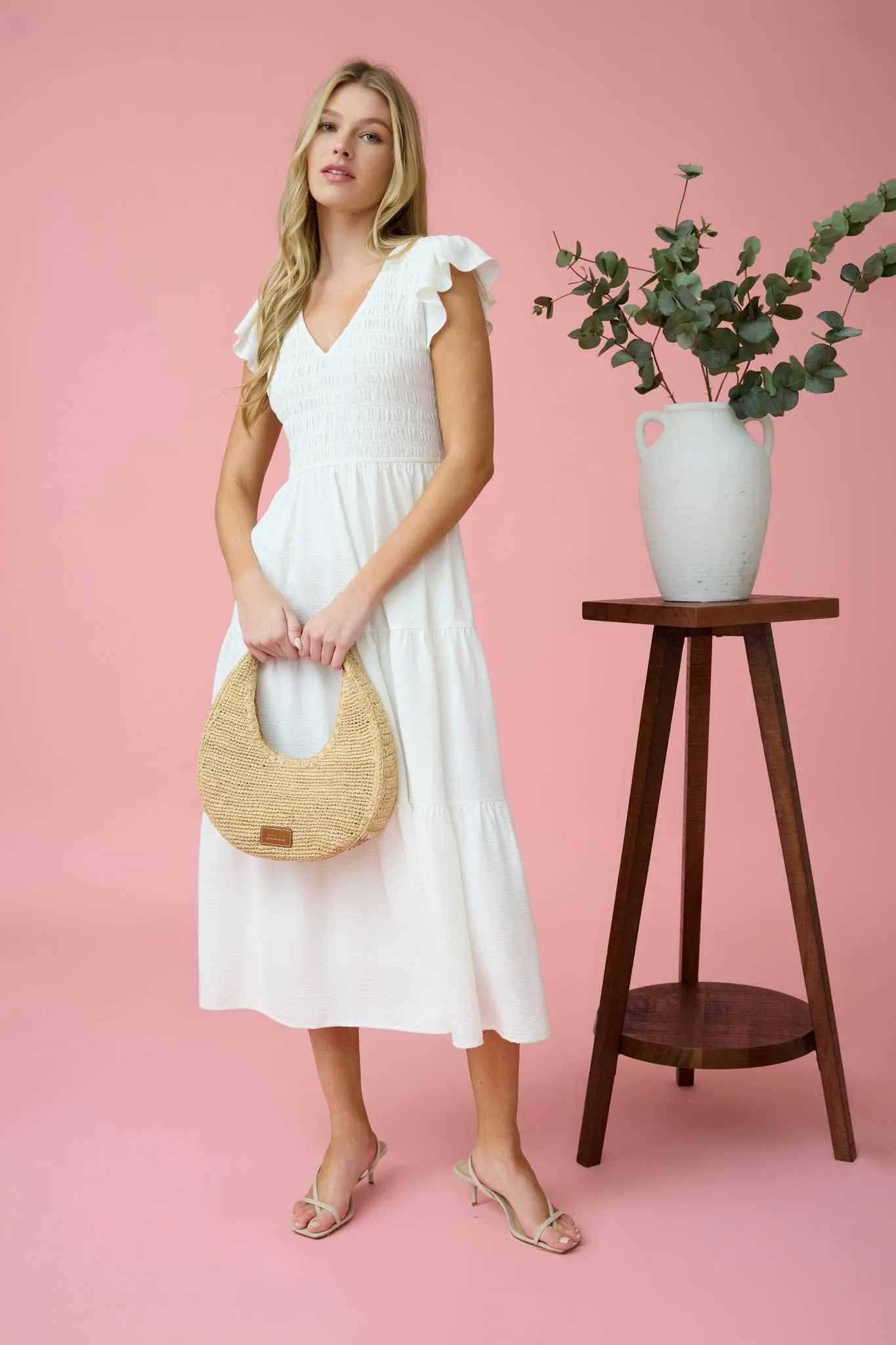 FLUTTER SLEEVE MIDI DRESS