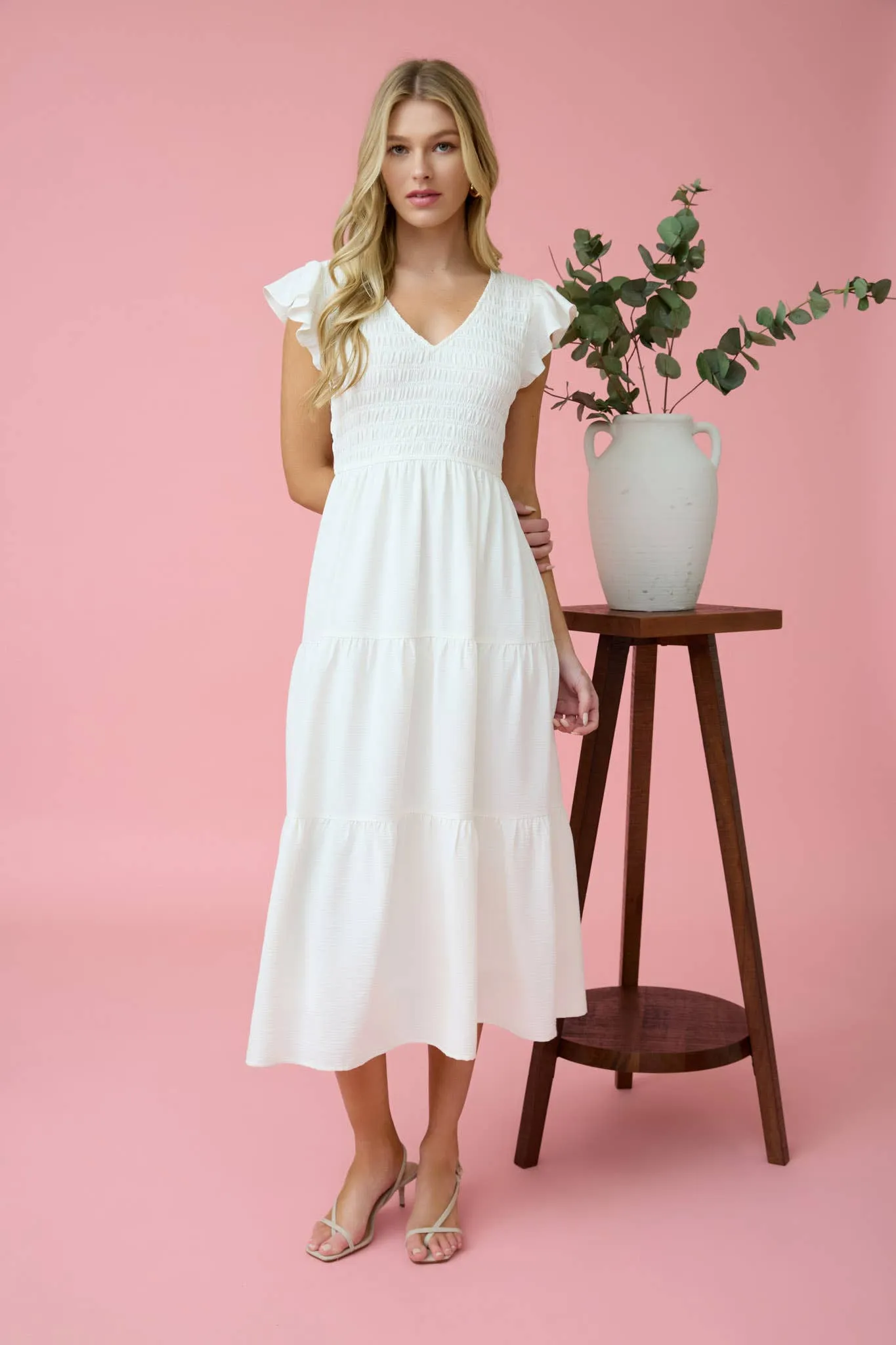 FLUTTER SLEEVE MIDI DRESS