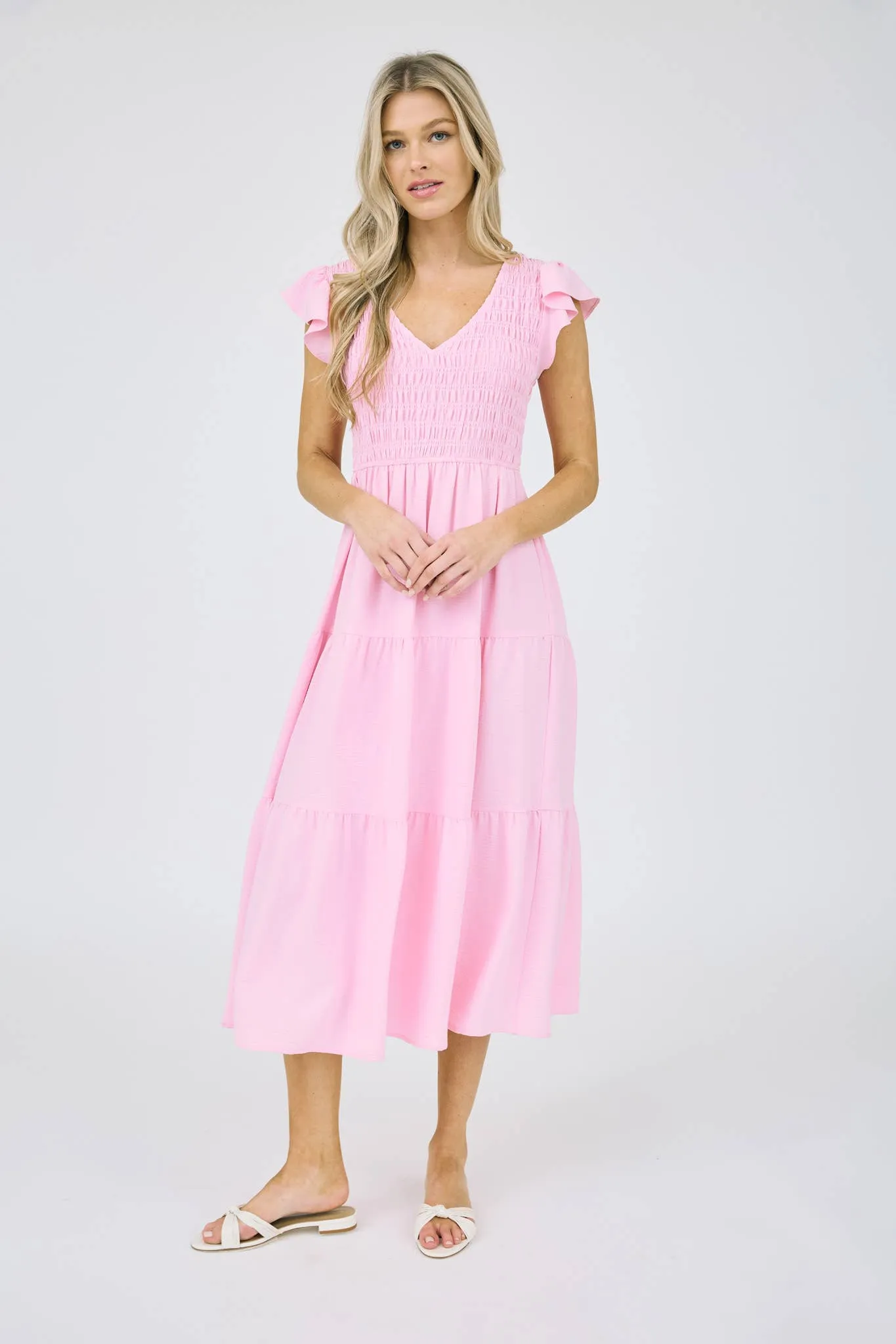 FLUTTER SLEEVE MIDI DRESS