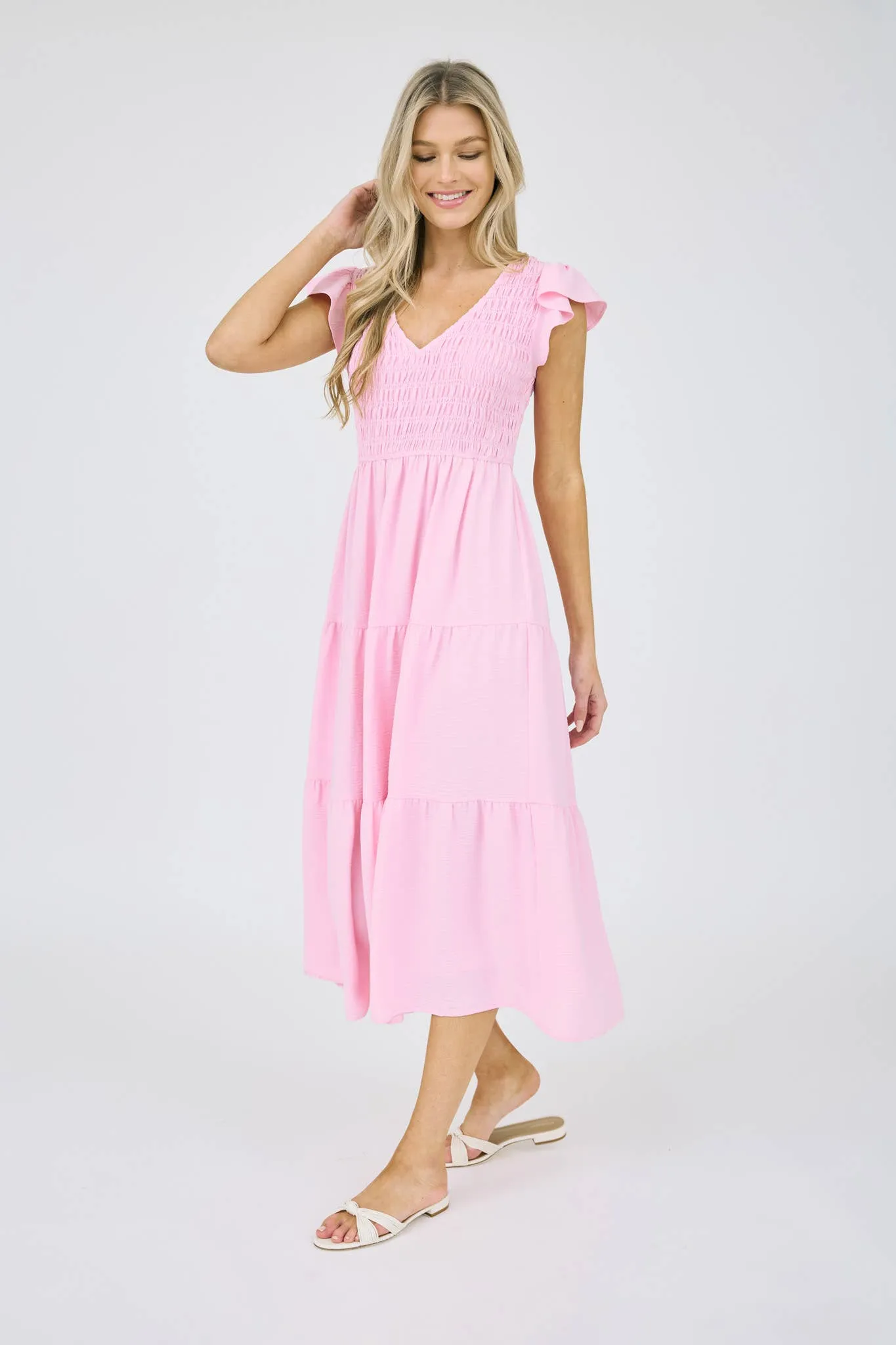 FLUTTER SLEEVE MIDI DRESS
