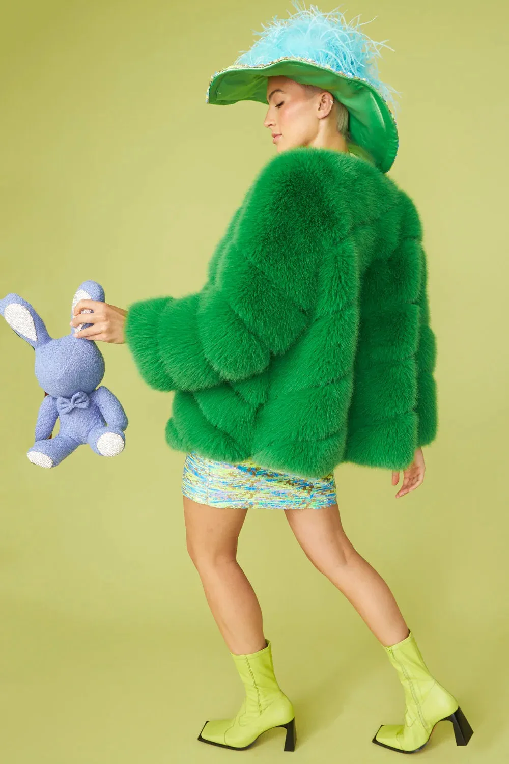 Gaga Faux Fur Striped Green Coat