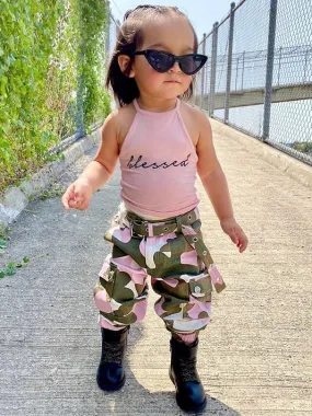 Girls "Blessed" Halter Top and Camo Pants Set