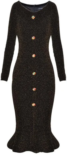 Glitter Knit Embellished-Buttons Midi Dress