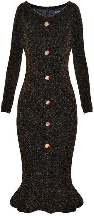 Glitter Knit Embellished-Buttons Midi Dress