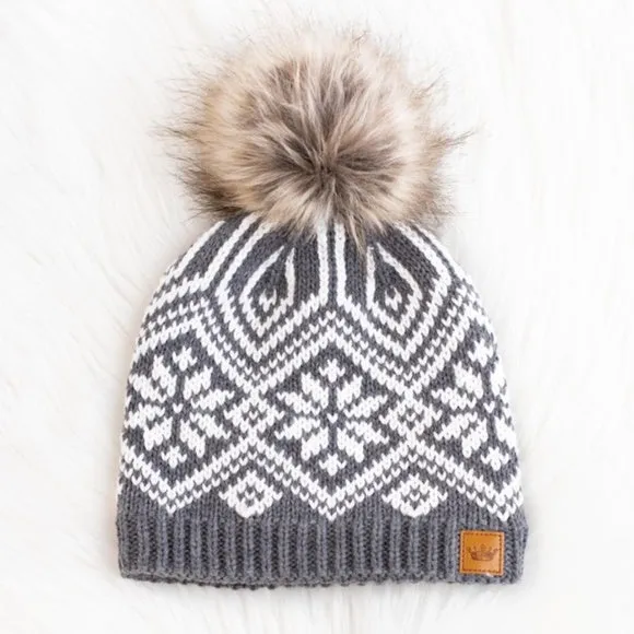 Gray Snowflake Fleece Lined Knit Pompom Beanie Winter Womens