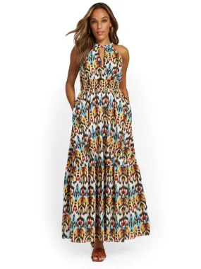 Ikat-Print Halterneck Pleat Maxi Dress