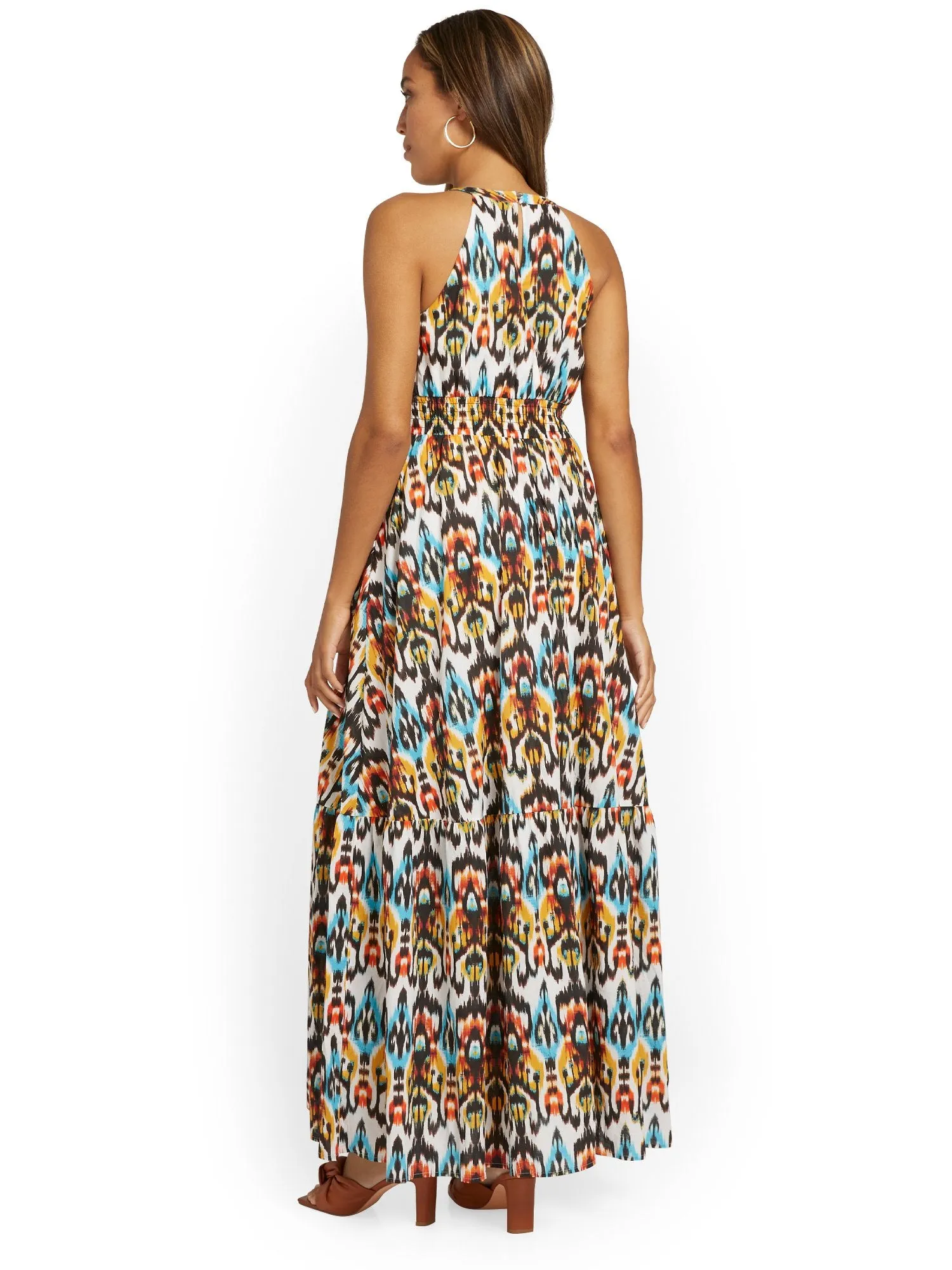 Ikat-Print Halterneck Pleat Maxi Dress
