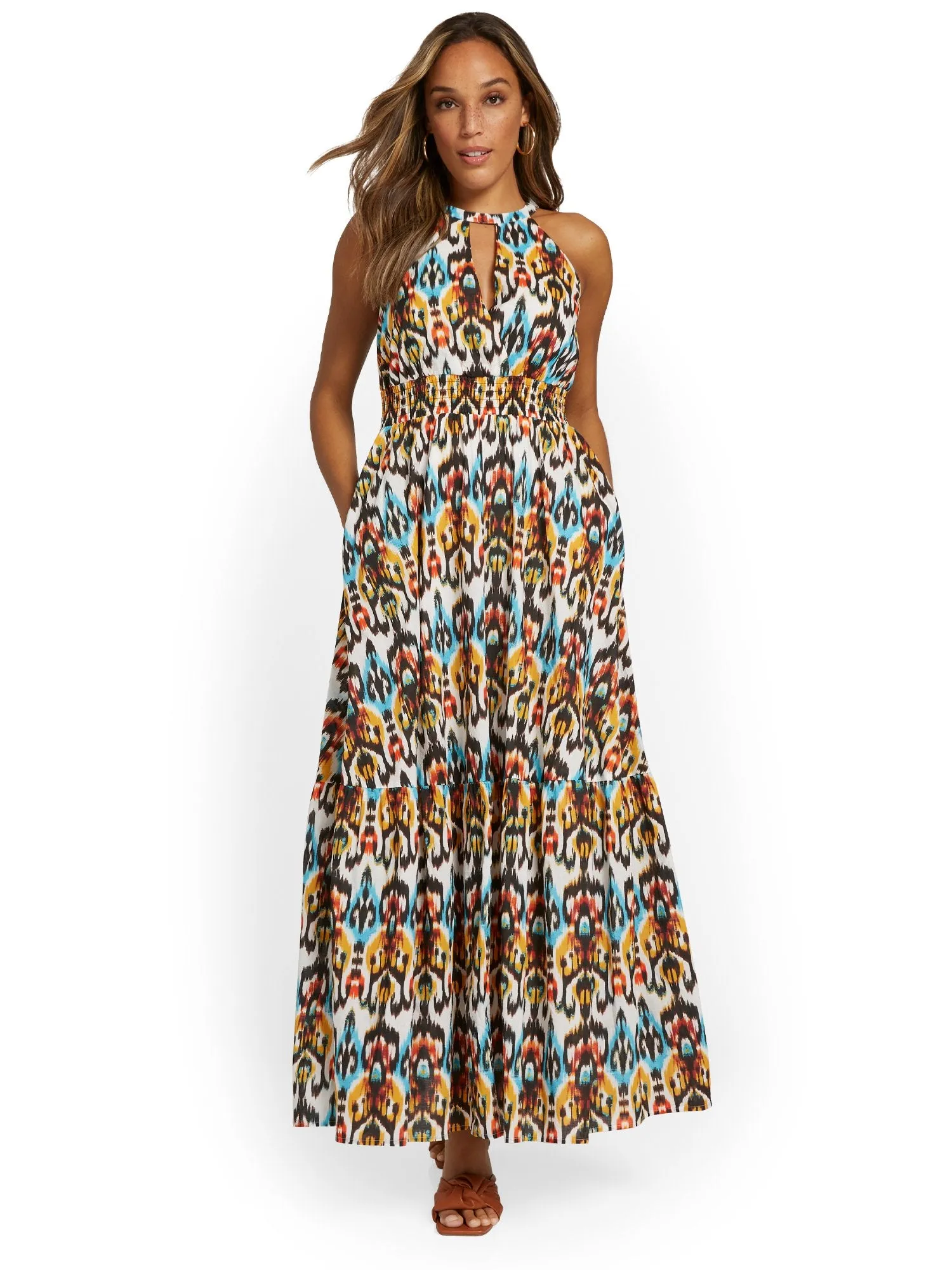 Ikat-Print Halterneck Pleat Maxi Dress
