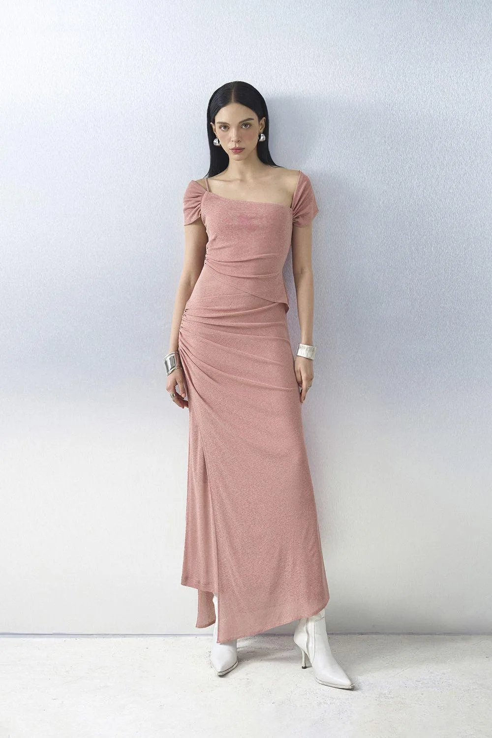 Ivory Sheath Asymmetric Neck Knit Floor Length Dress
