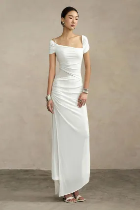 Ivory Sheath Asymmetric Neck Knit Floor Length Dress