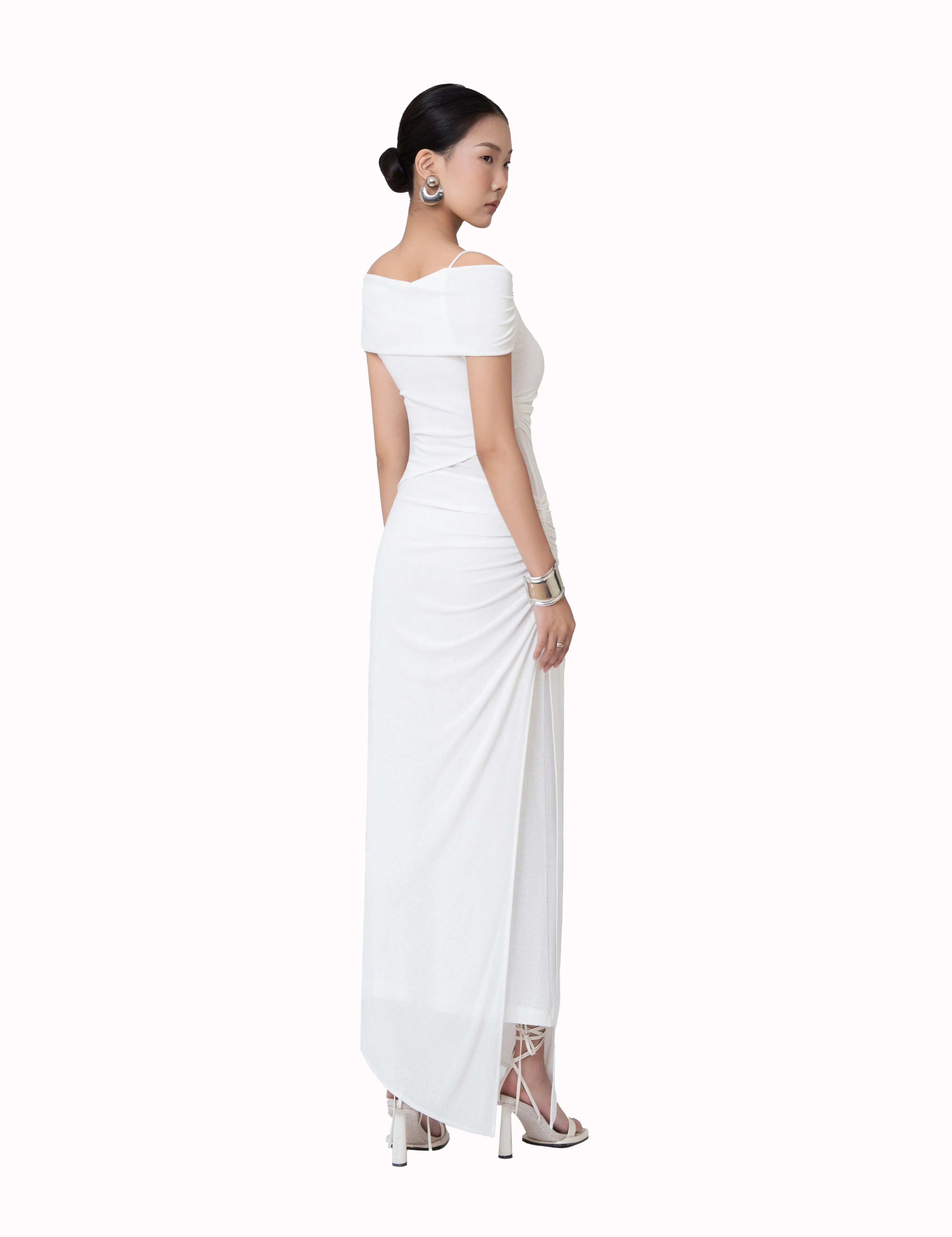 Ivory Sheath Asymmetric Neck Knit Floor Length Dress