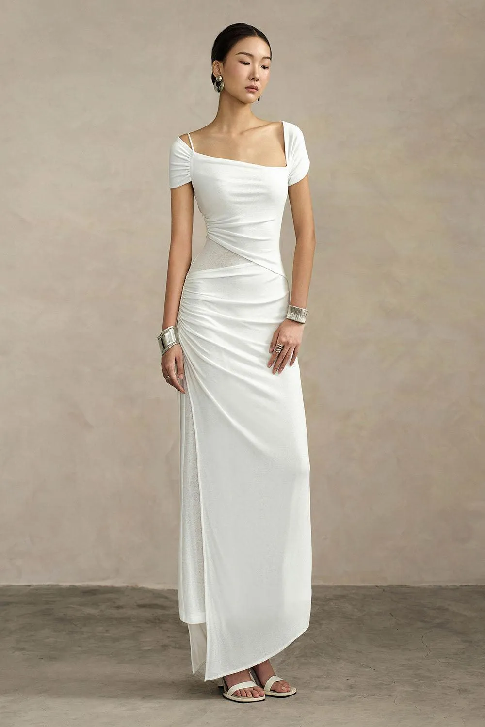 Ivory Sheath Asymmetric Neck Knit Floor Length Dress
