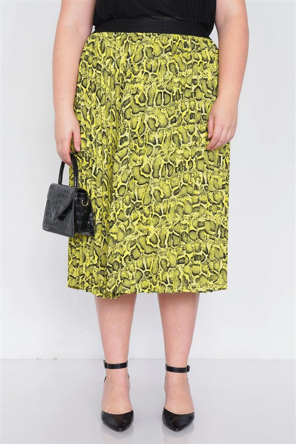 Junior Plus Size Neon Yellow Pleated Animal Print Chic Midi Skirt /2-2-1-1
