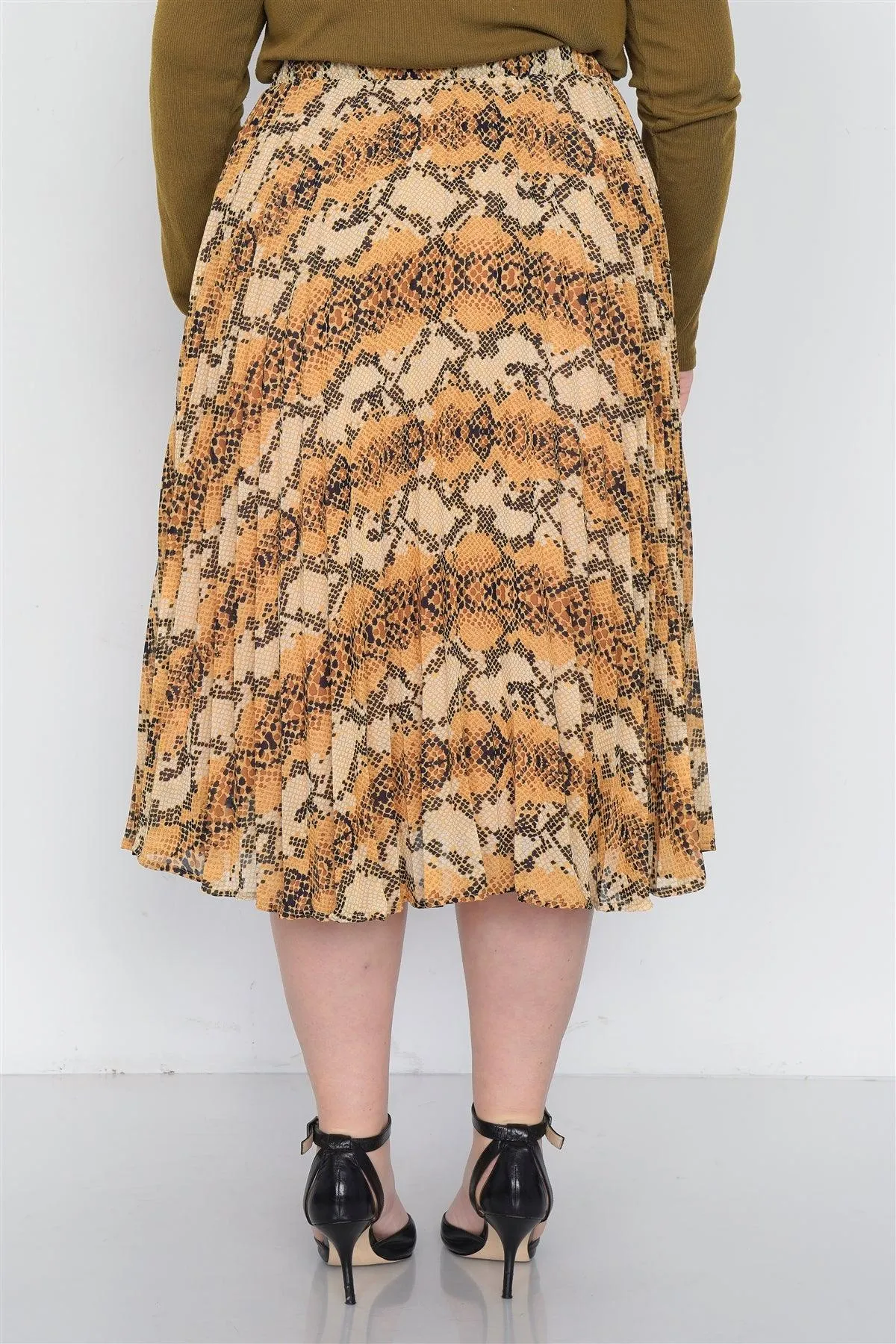 Junior Plus Size Yellow Brown Pleated Animal Print Chic Midi Skirt /2-2-2-1