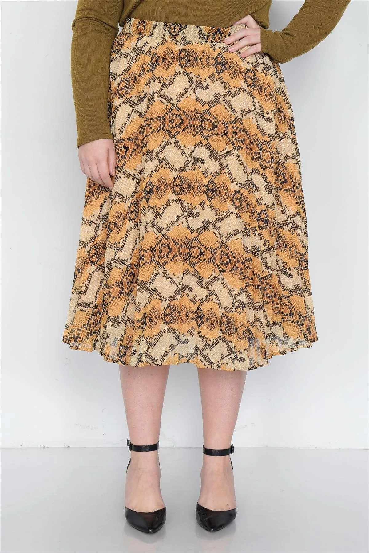Junior Plus Size Yellow Brown Pleated Animal Print Chic Midi Skirt /2-2-2-1