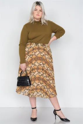 Junior Plus Size Yellow Brown Pleated Animal Print Chic Midi Skirt /2-2-2-1
