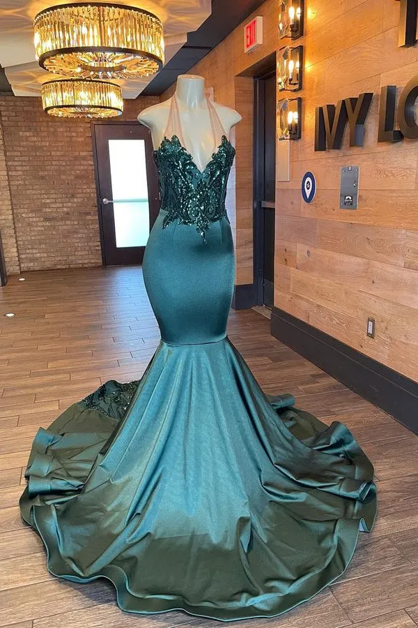 kamahe Glamorou V-Neck Sleeveless Halter Mermaid Prom Dress With Beading