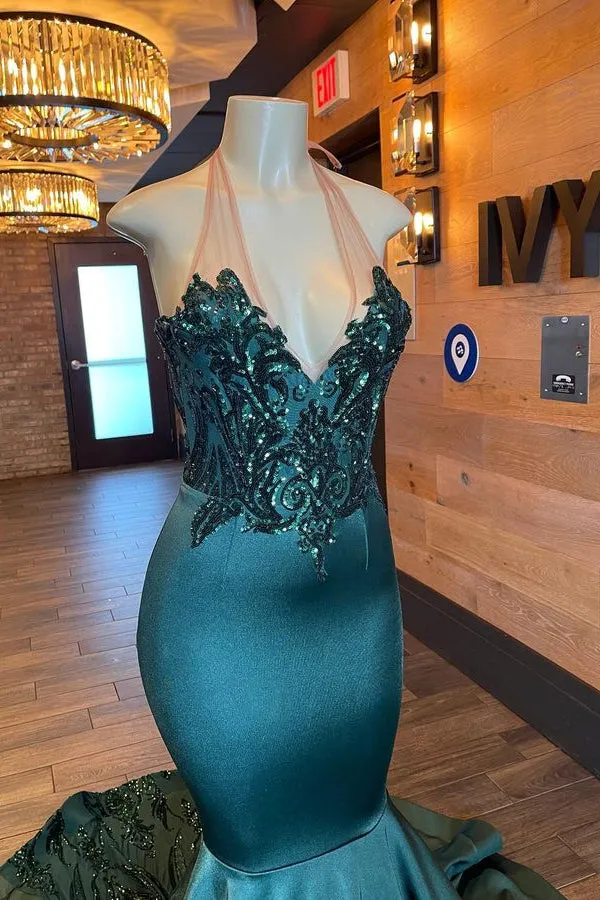 kamahe Glamorou V-Neck Sleeveless Halter Mermaid Prom Dress With Beading