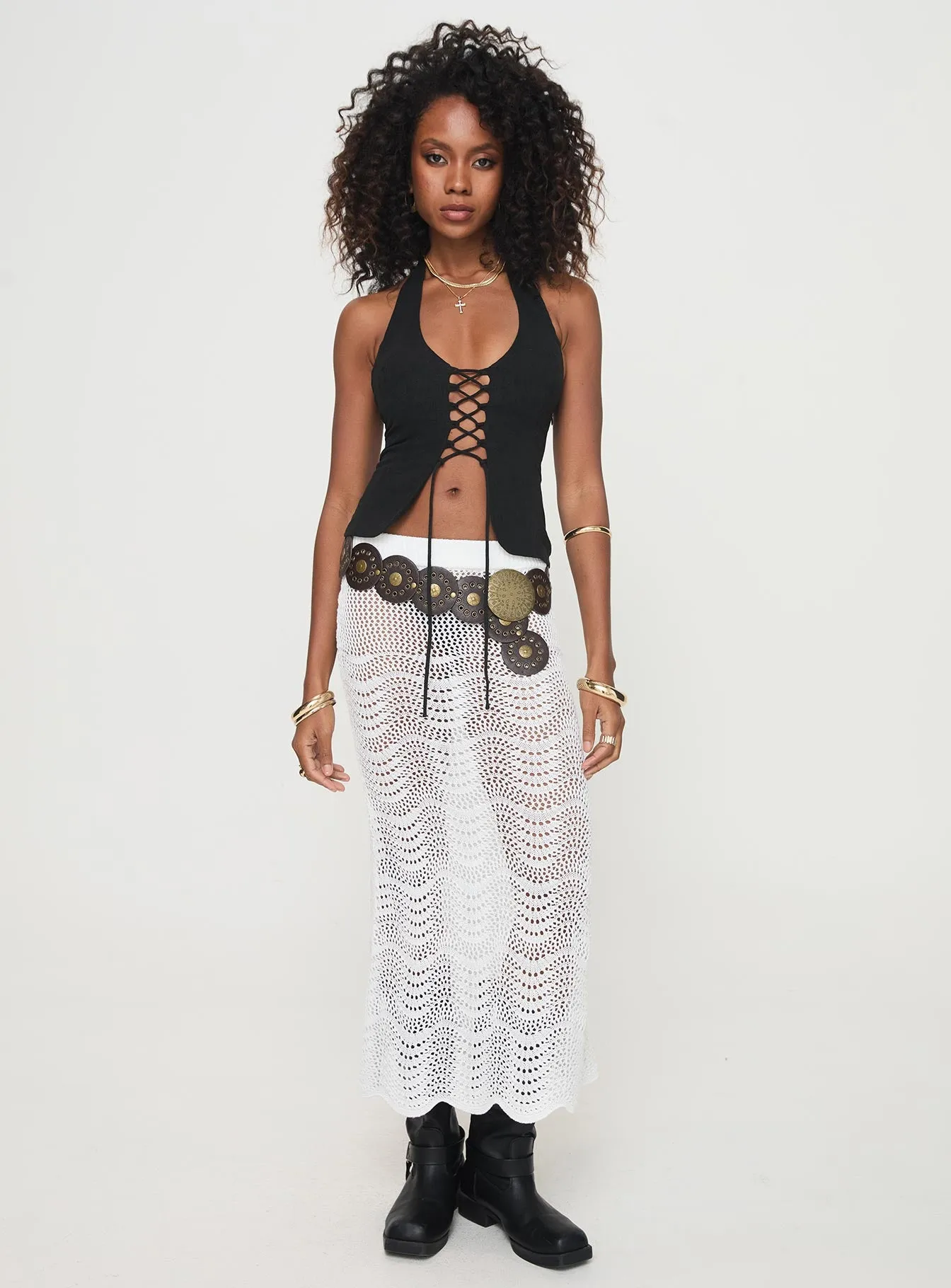 Kastio Crochet Midi Skirt White