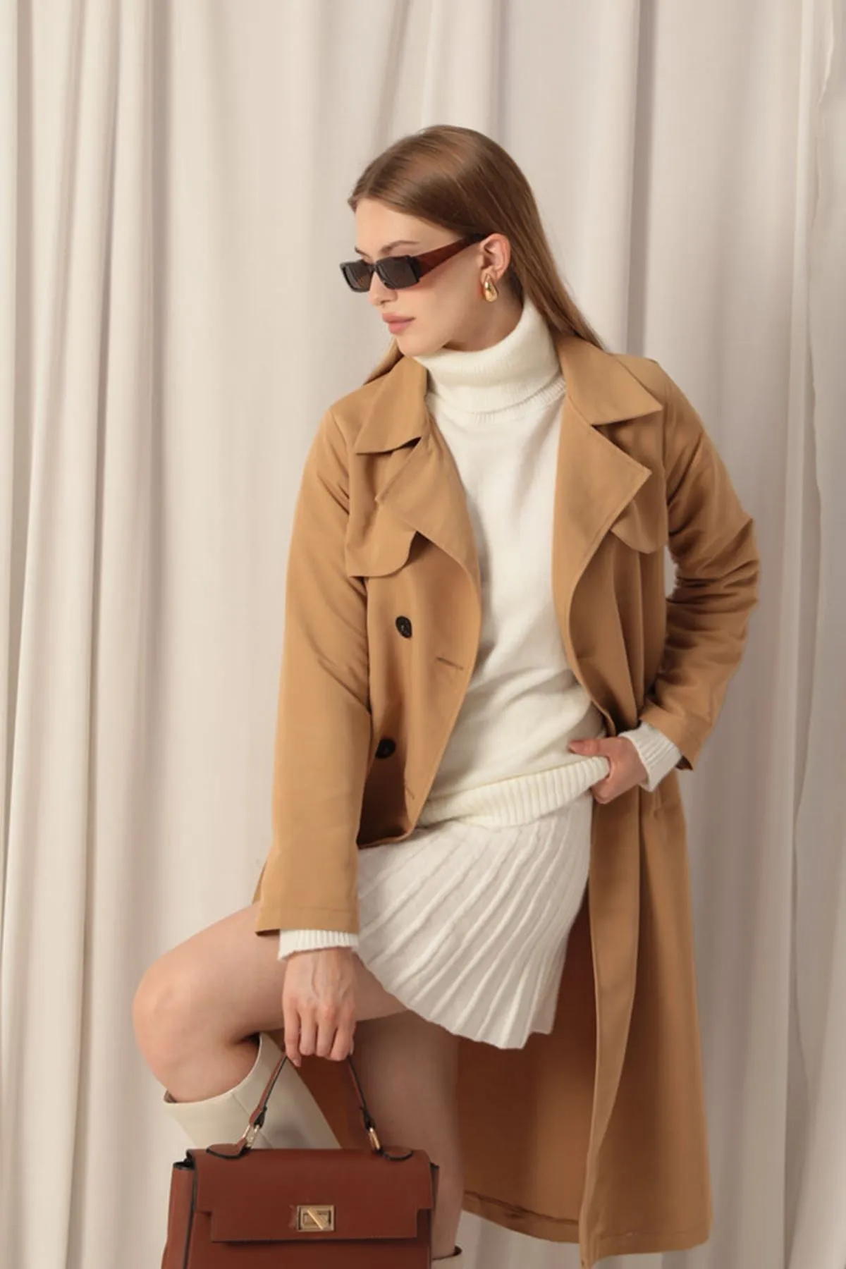 KKT Torino Fabric Liquid Proof Maxi Length Women's Camel Trench Coat - Montesilvano