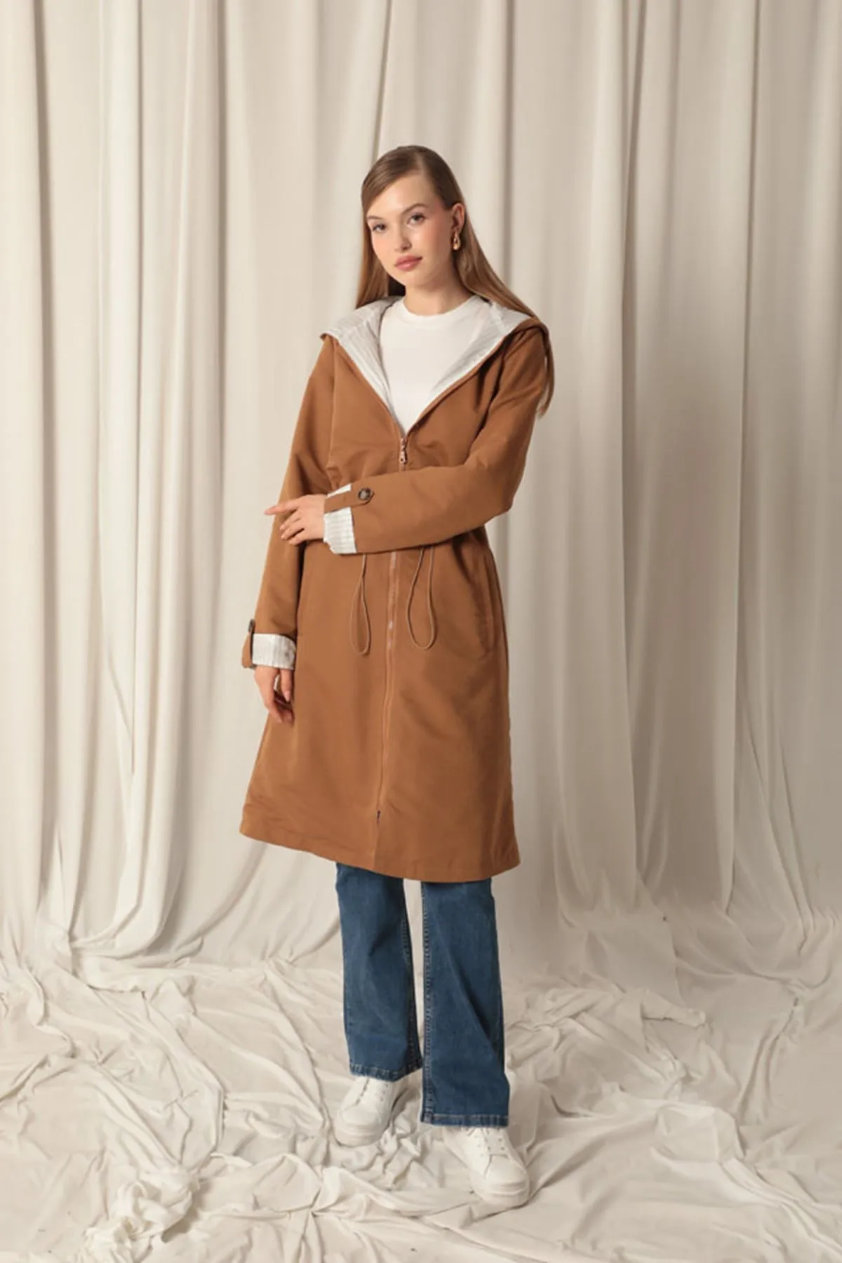 KKT Torino Fabric Striped Hooded Women's Camel Raincoat - Smila