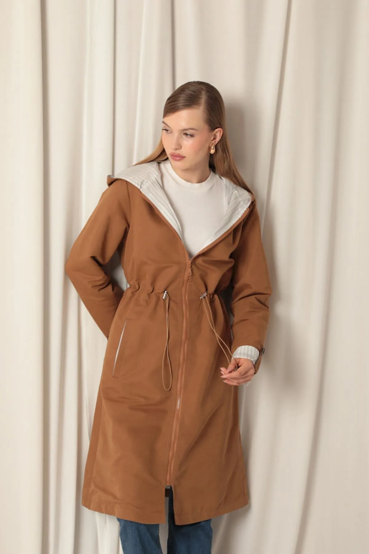 KKT Torino Fabric Striped Hooded Women's Camel Raincoat - Smila