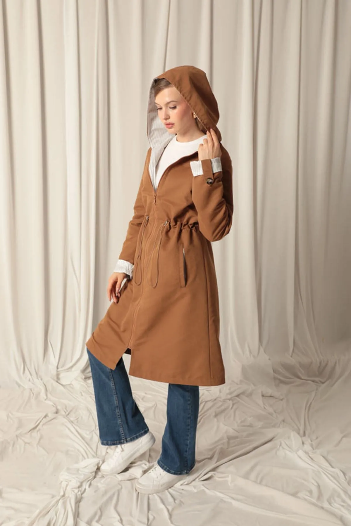 KKT Torino Fabric Striped Hooded Women's Camel Raincoat - Smila