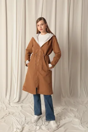 KKT Torino Fabric Striped Hooded Women's Camel Raincoat - Smila