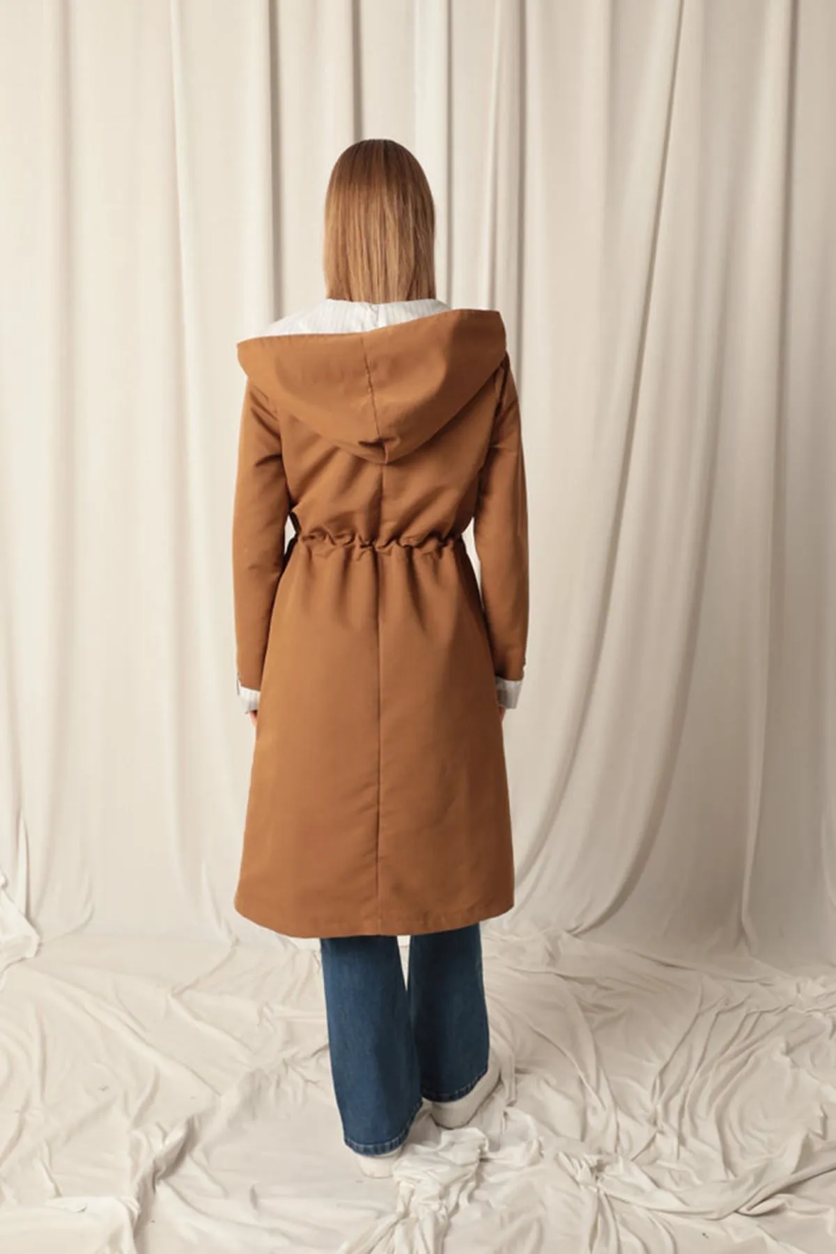 KKT Torino Fabric Striped Hooded Women's Camel Raincoat - Smila