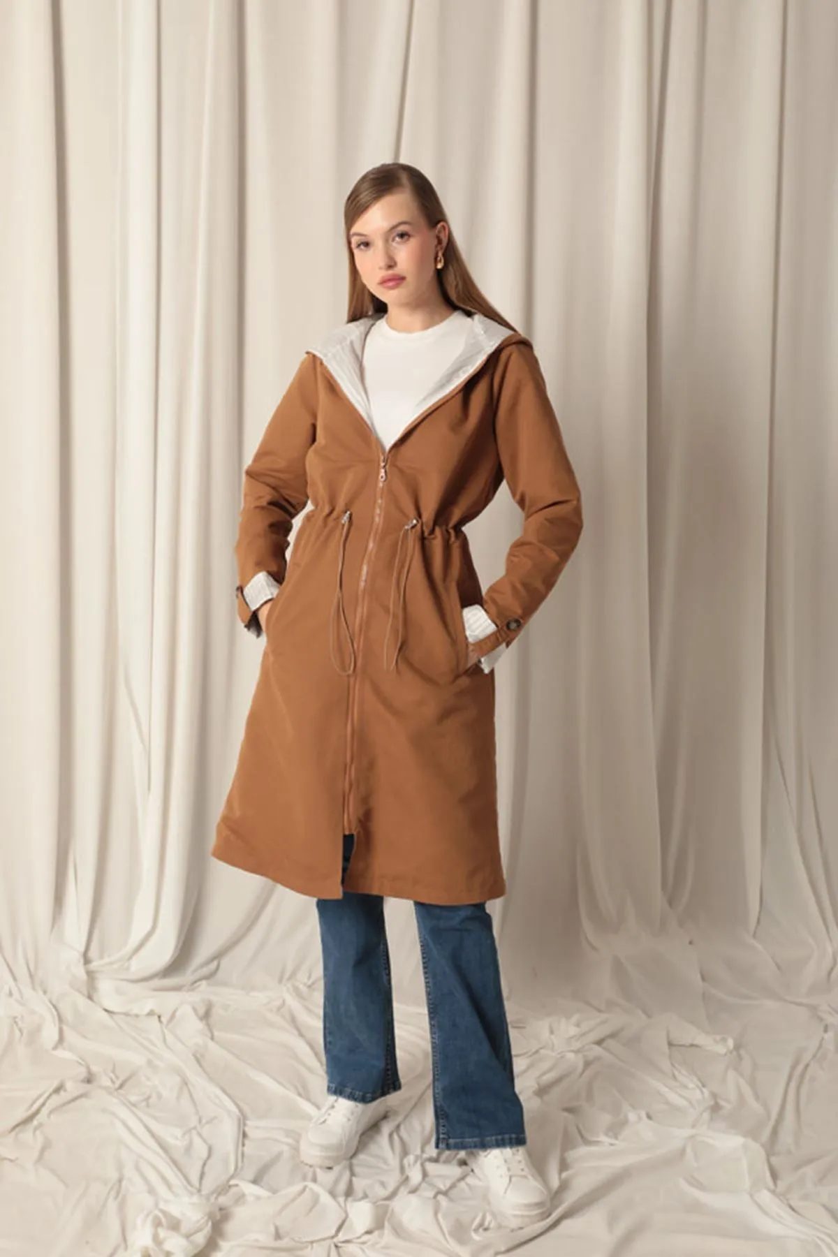 KKT Torino Fabric Striped Hooded Women's Camel Raincoat - Smila