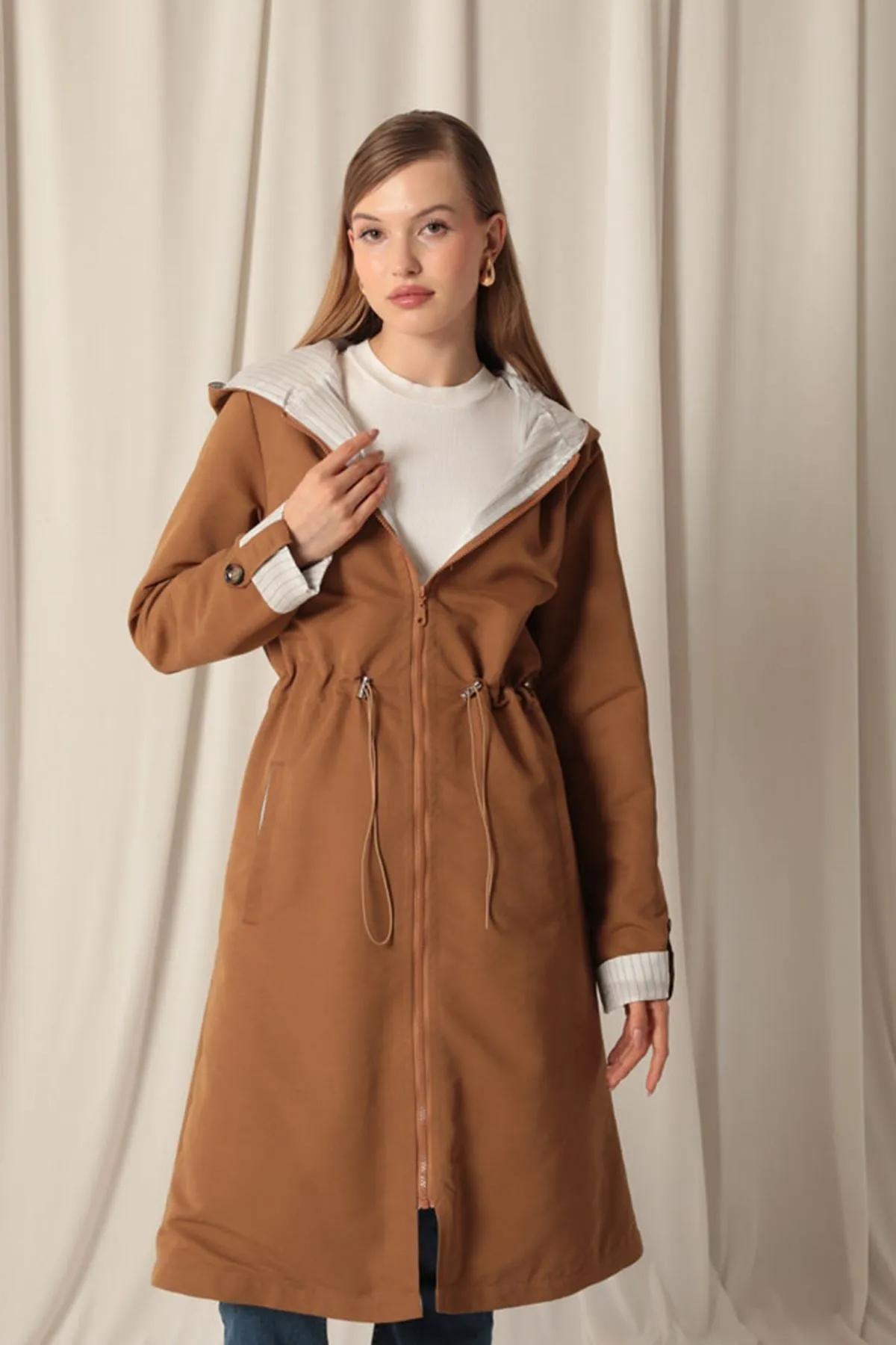 KKT Torino Fabric Striped Hooded Women's Camel Raincoat - Smila